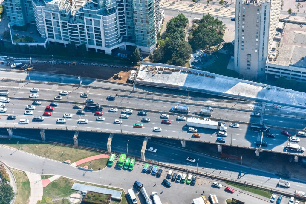 High angle shot of a highway full of cars captured in Toronto, Canada